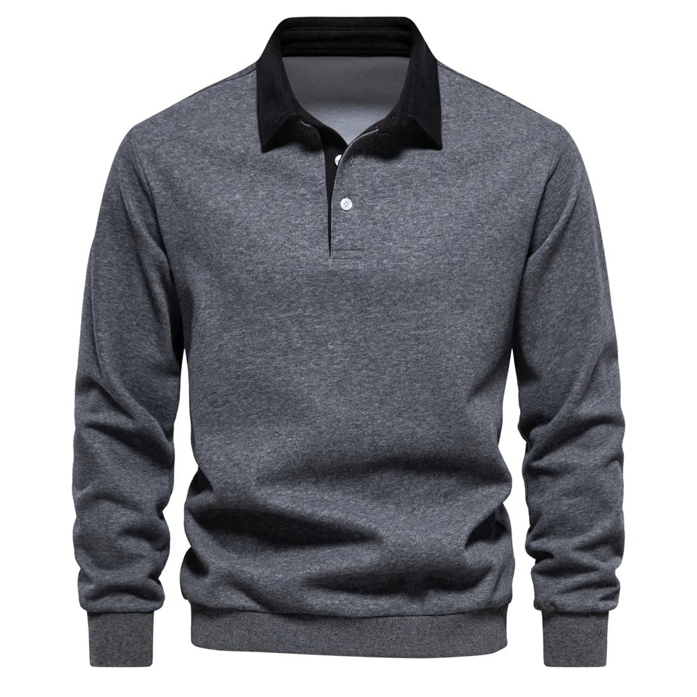 Cotton Blend Pullover Sweatshirt with Polo Neck