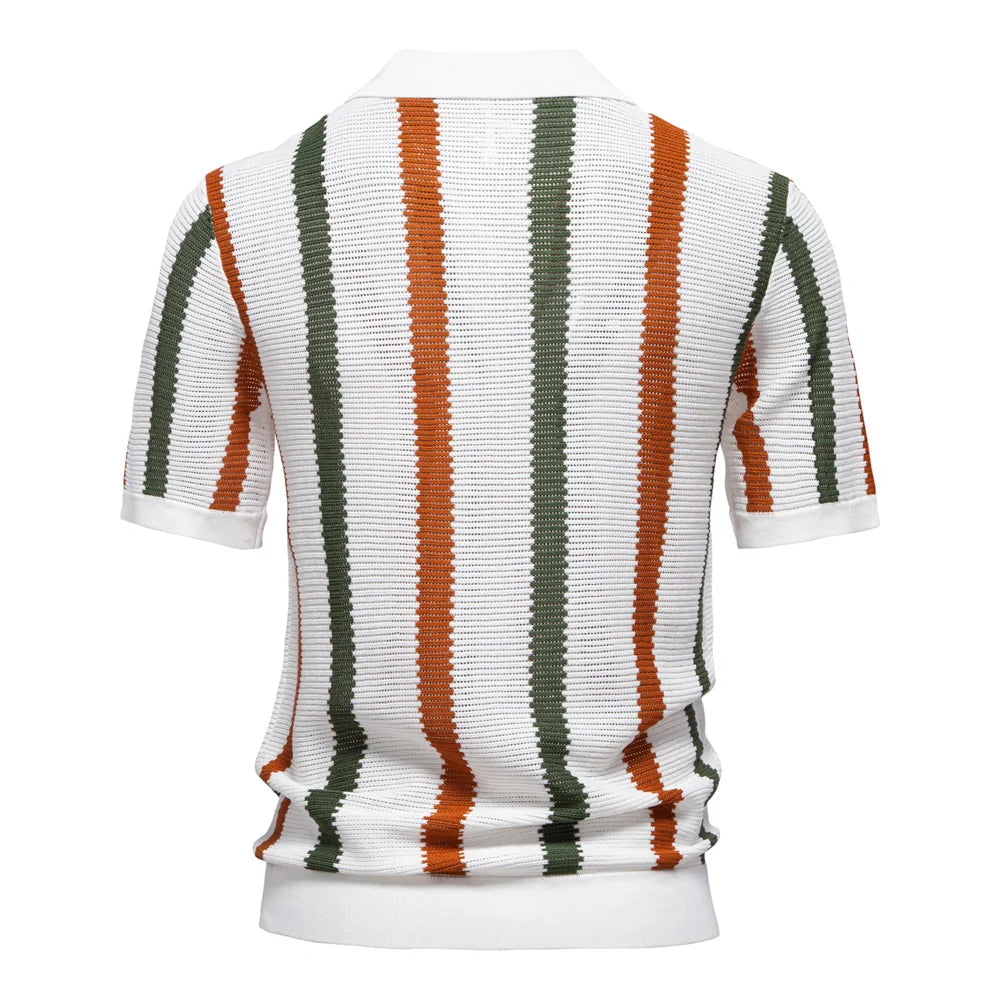 Ribbed Knit Polo Shirt Breathable Striped Casual
