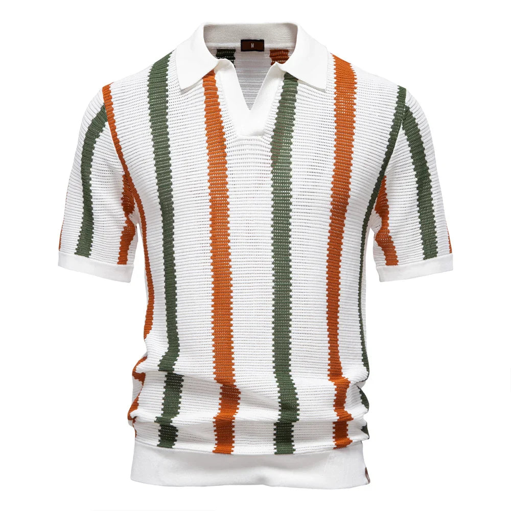 Ribbed Knit Polo Shirt Breathable Striped Casual
