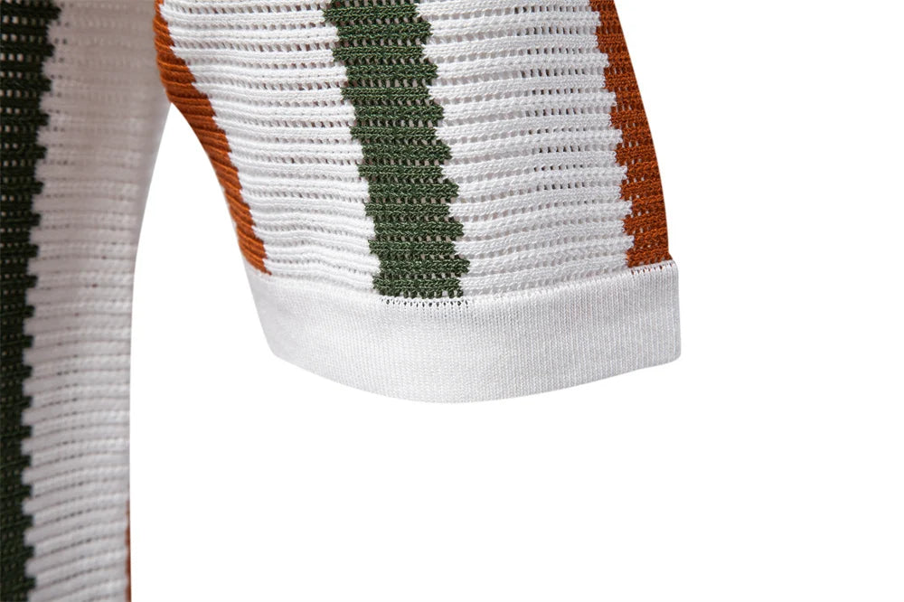 Ribbed Knit Polo Shirt Breathable Striped Casual