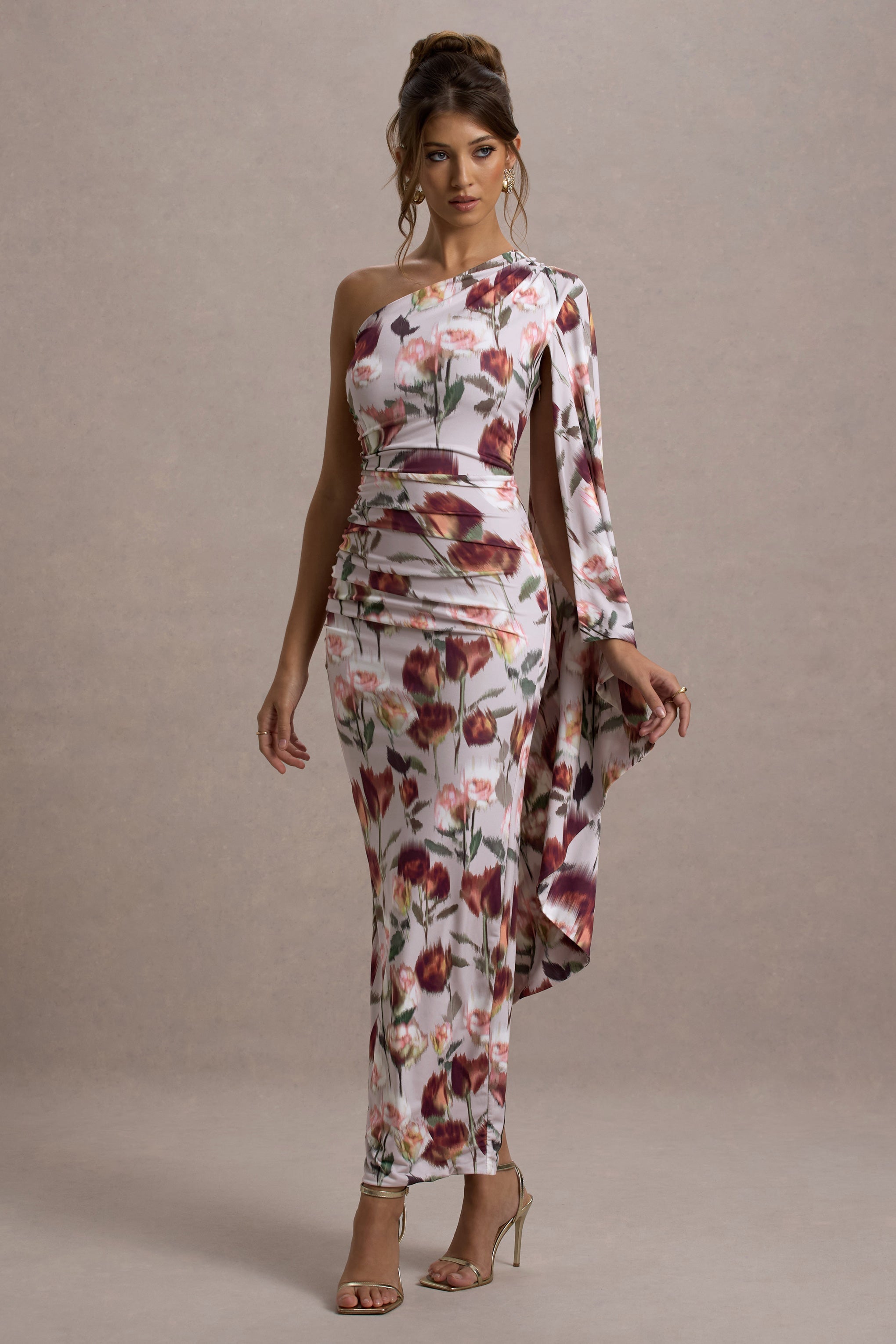 Marlowe & Co  | Cream Floral Print Asymmetric Cape Sleeve Maxi Dress