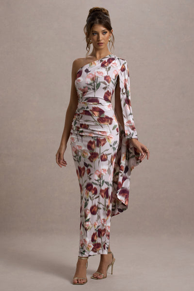 Marlowe & Co  | Cream Floral Print Asymmetric Cape Sleeve Maxi Dress