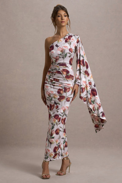 Marlowe & Co  | Cream Floral Print Asymmetric Cape Sleeve Maxi Dress
