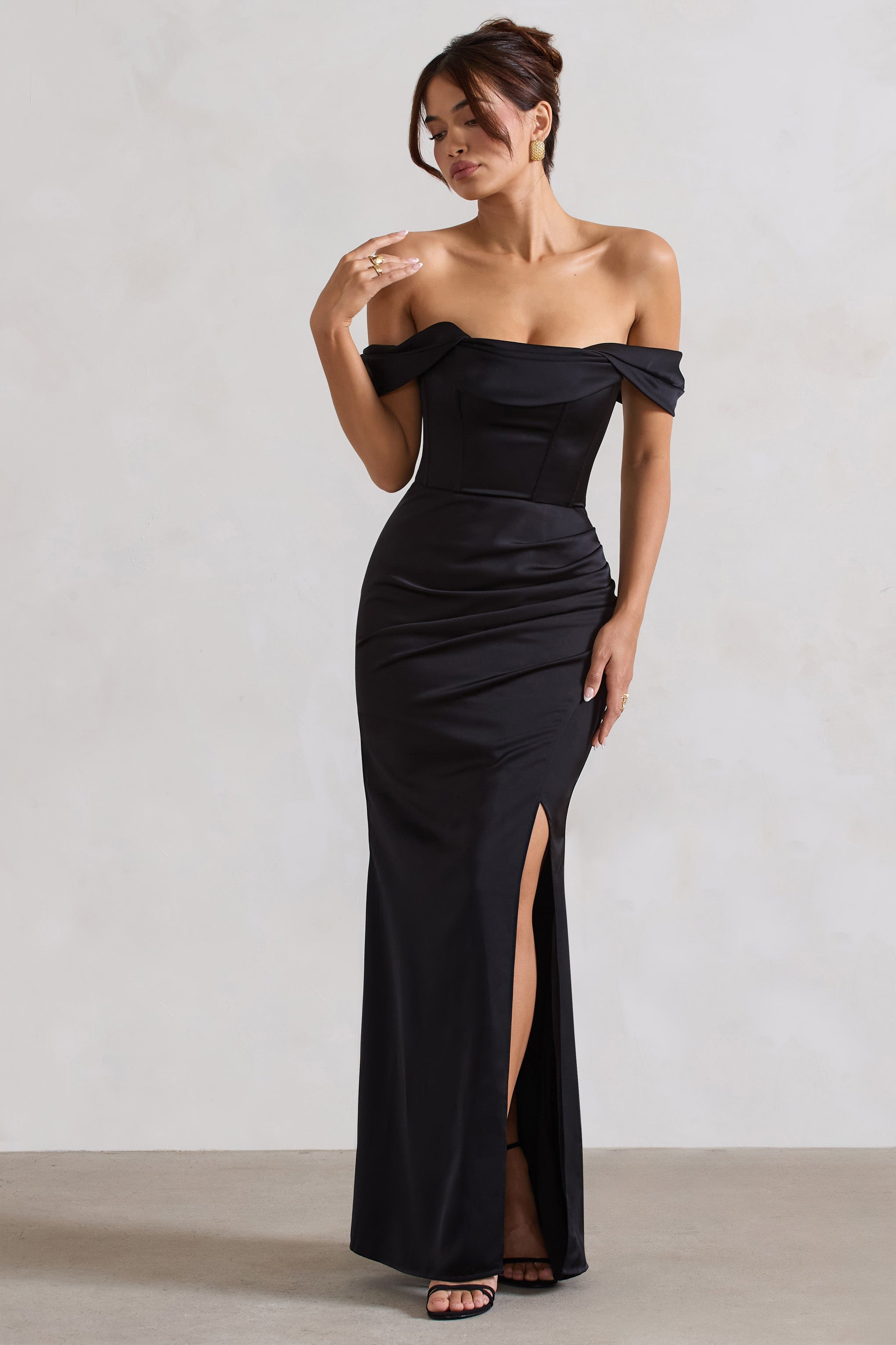 Kimberly | Black Bardot Satin Maxi Dress