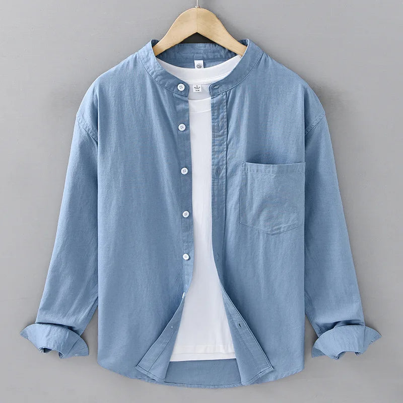 Cotton-Linen Mandarin Collar Shirt – Long-Sleeve