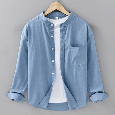 Cotton-Linen Mandarin Collar Shirt – Long-Sleeve