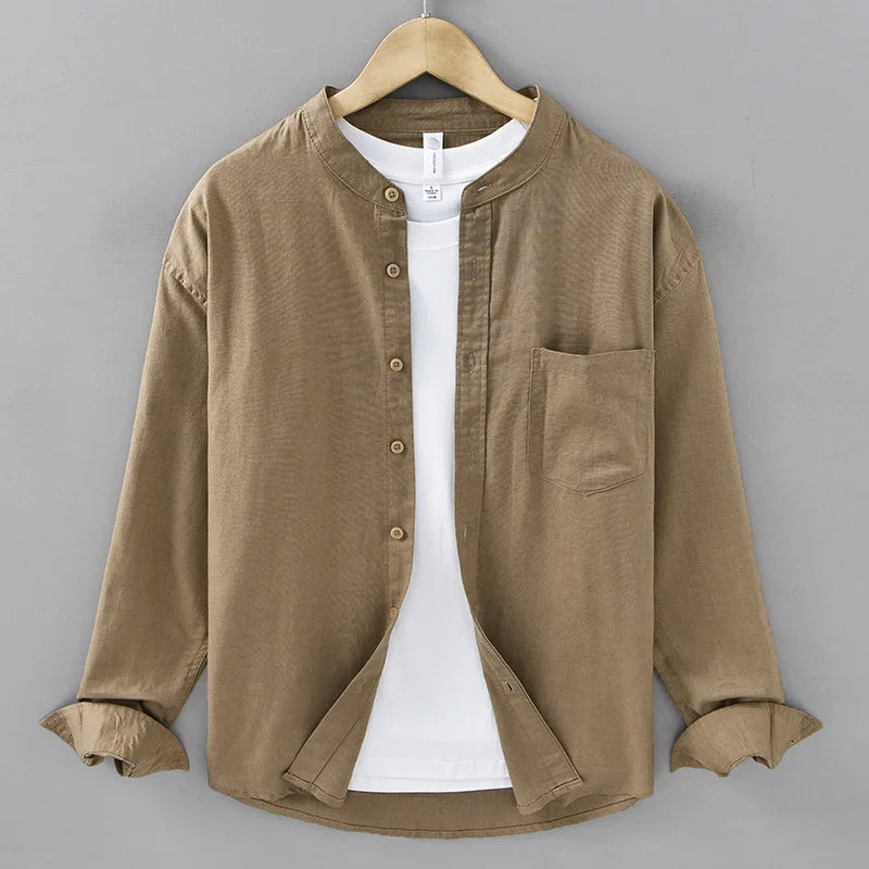 Cotton-Linen Mandarin Collar Shirt – Long-Sleeve