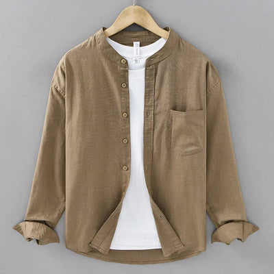 Cotton-Linen Mandarin Collar Shirt – Long-Sleeve
