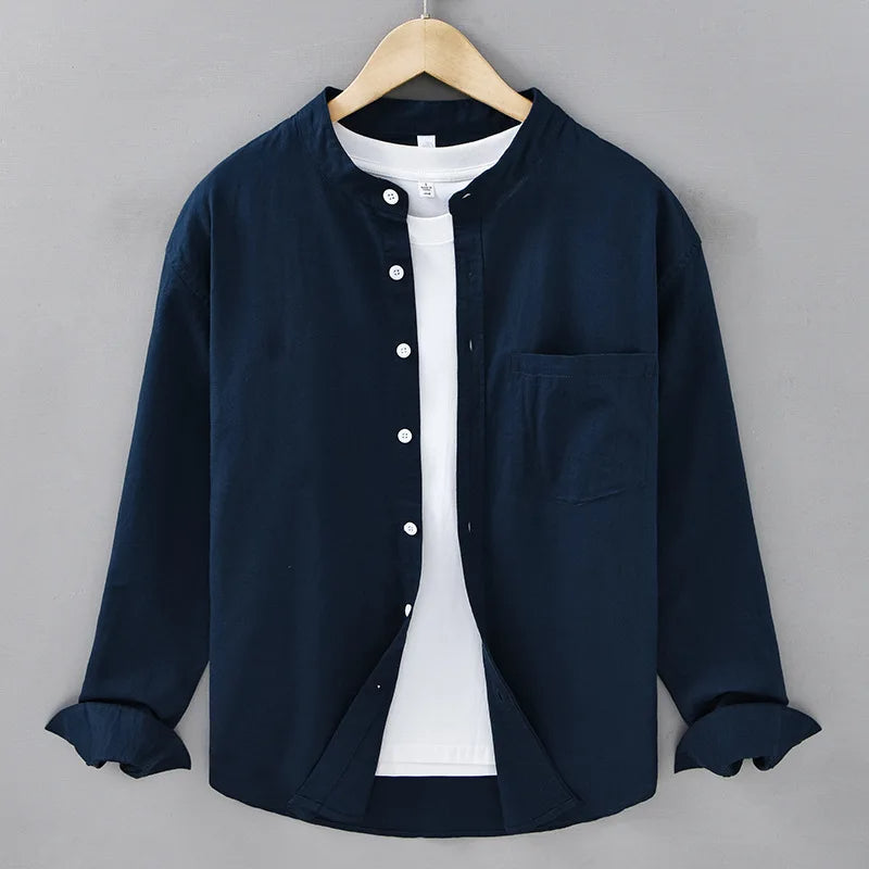 Cotton-Linen Mandarin Collar Shirt – Long-Sleeve