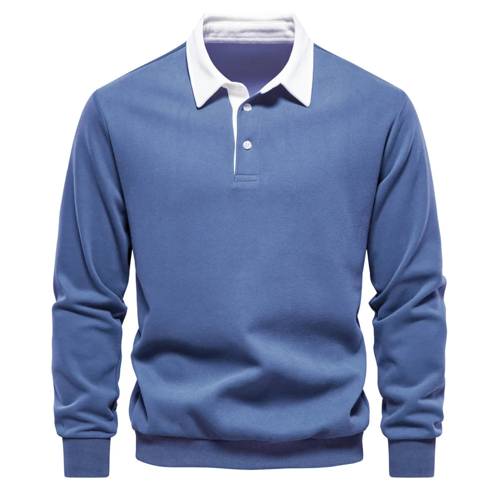 Cotton Blend Pullover Sweatshirt with Polo Neck