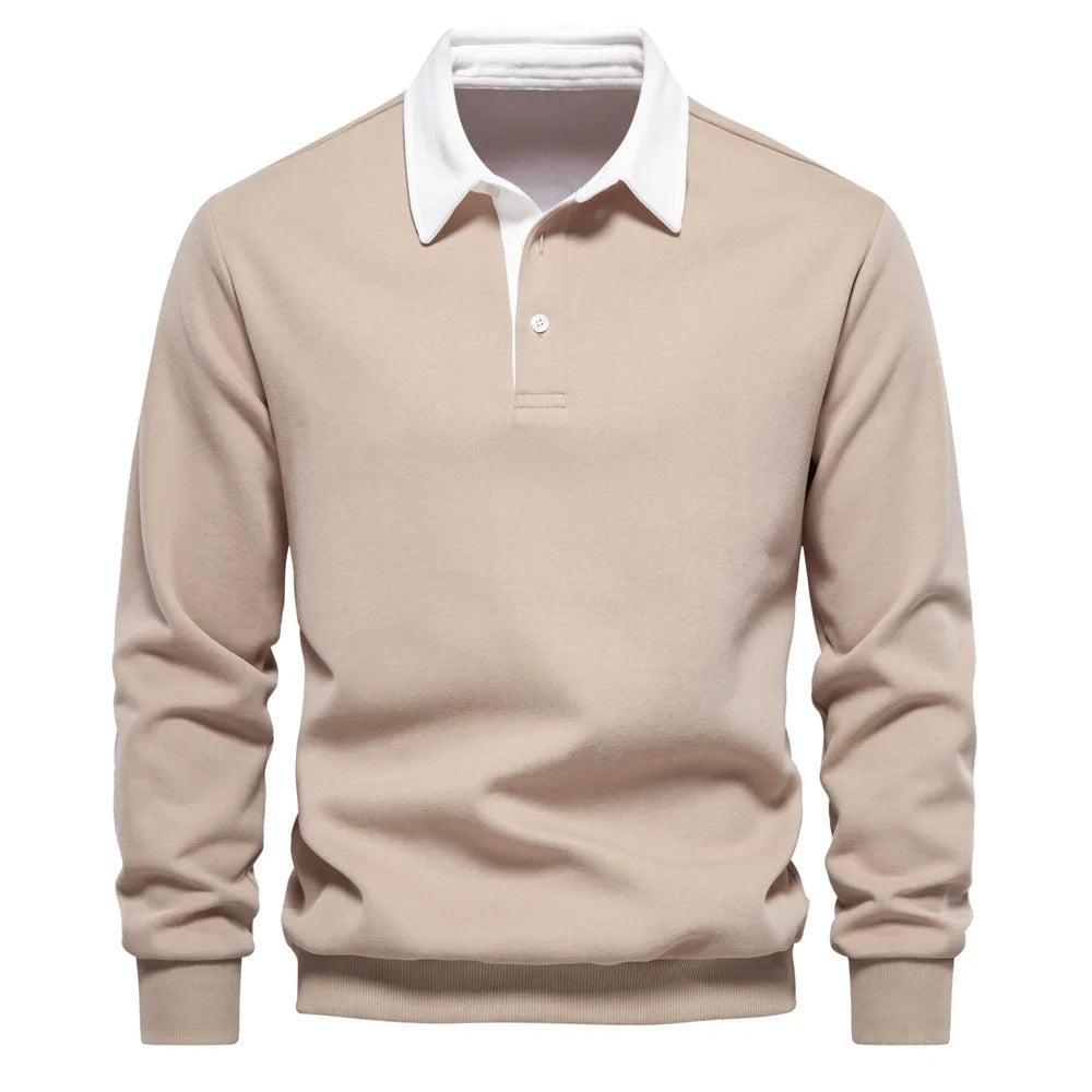 Cotton Blend Pullover Sweatshirt with Polo Neck