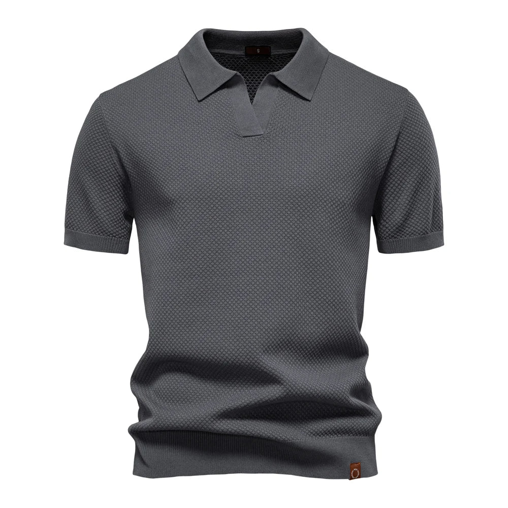 Textured Short Sleeve Polo Shirt with Open Placket Collar