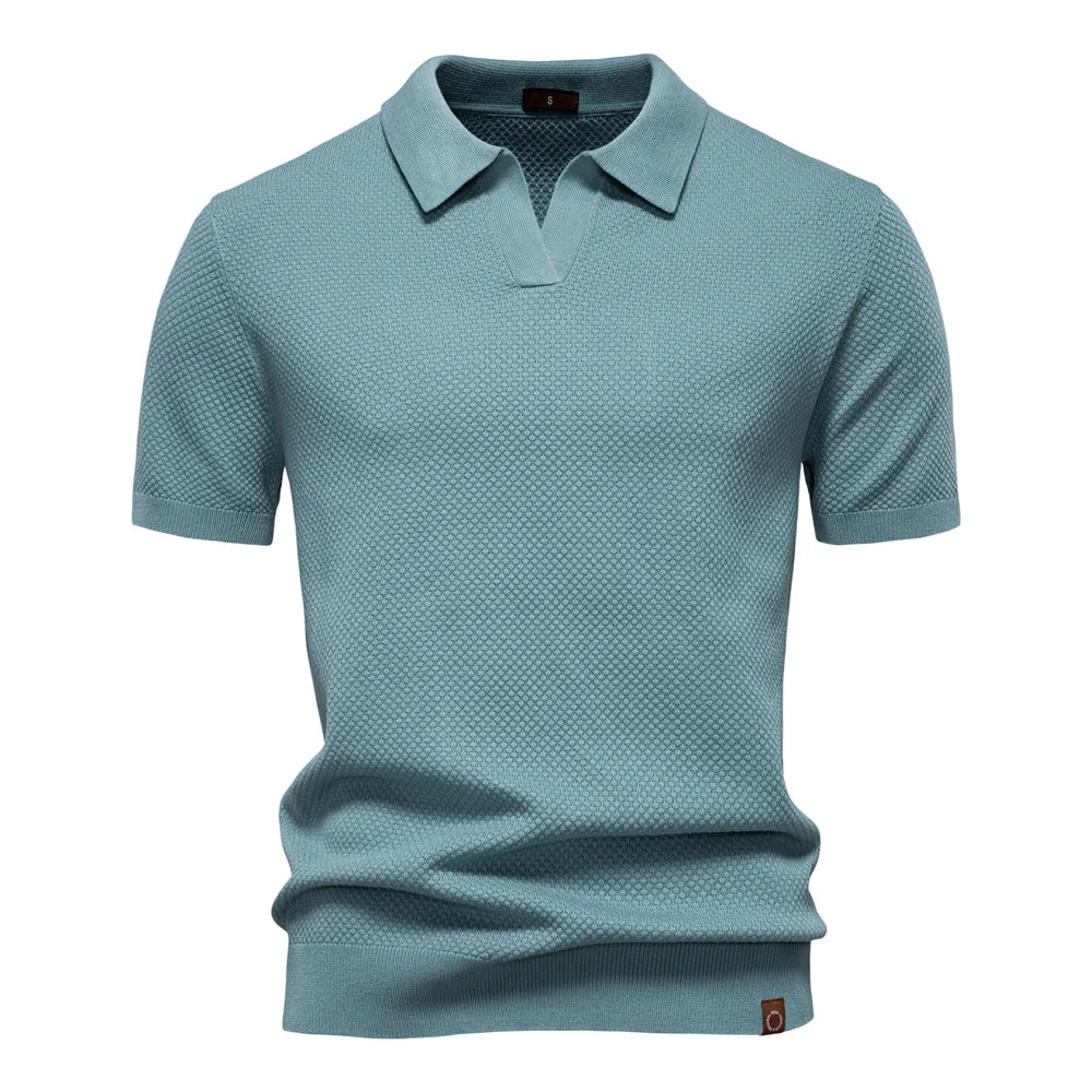 Textured Short Sleeve Polo Shirt with Open Placket Collar