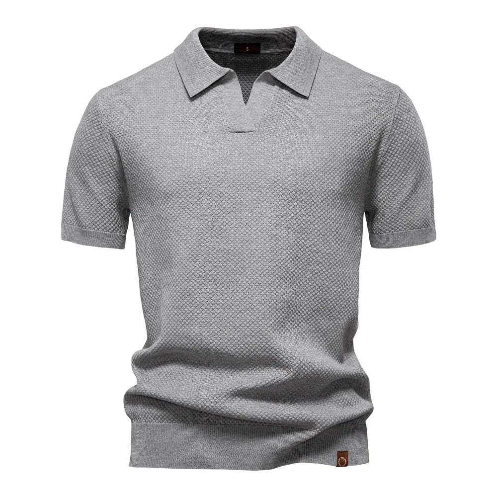 Textured Short Sleeve Polo Shirt with Open Placket Collar