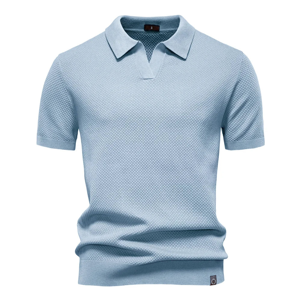 Textured Short Sleeve Polo Shirt with Open Placket Collar