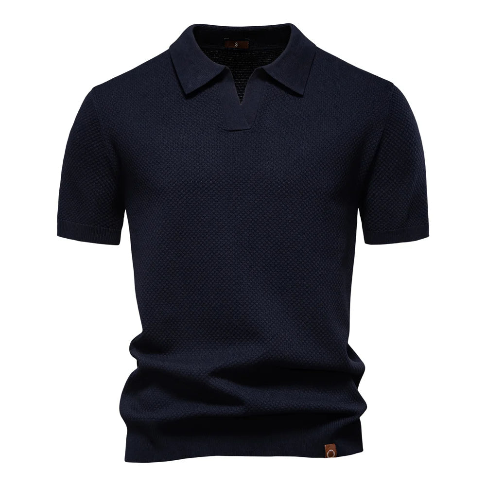 Textured Short Sleeve Polo Shirt with Open Placket Collar