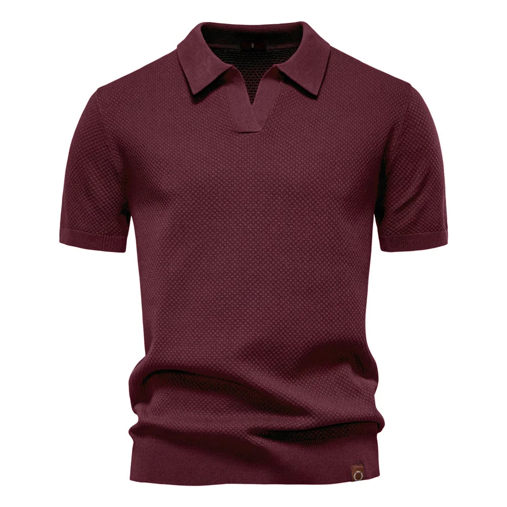 Textured Short Sleeve Polo Shirt with Open Placket Collar