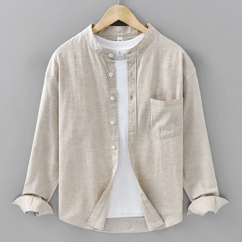 Cotton-Linen Mandarin Collar Shirt – Long-Sleeve