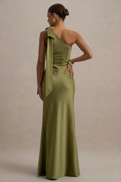 Marlowe & Co  | Khaki Satin Asymmetric Maxi Dress With Bow