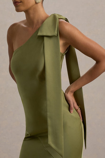 Marlowe & Co  | Khaki Satin Asymmetric Maxi Dress With Bow