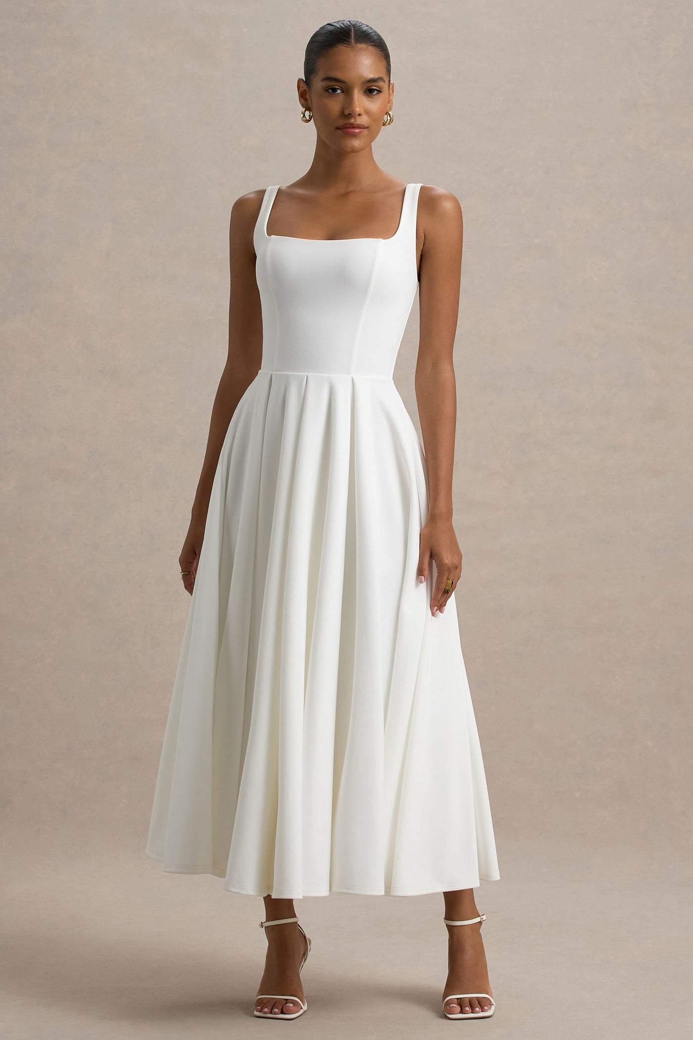 Marlowe & Co | White Strappy Volume-Hem Midi Dress