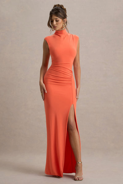 Marlowe & Co | Coral Ruched High-Neck Maxi Dress With Split