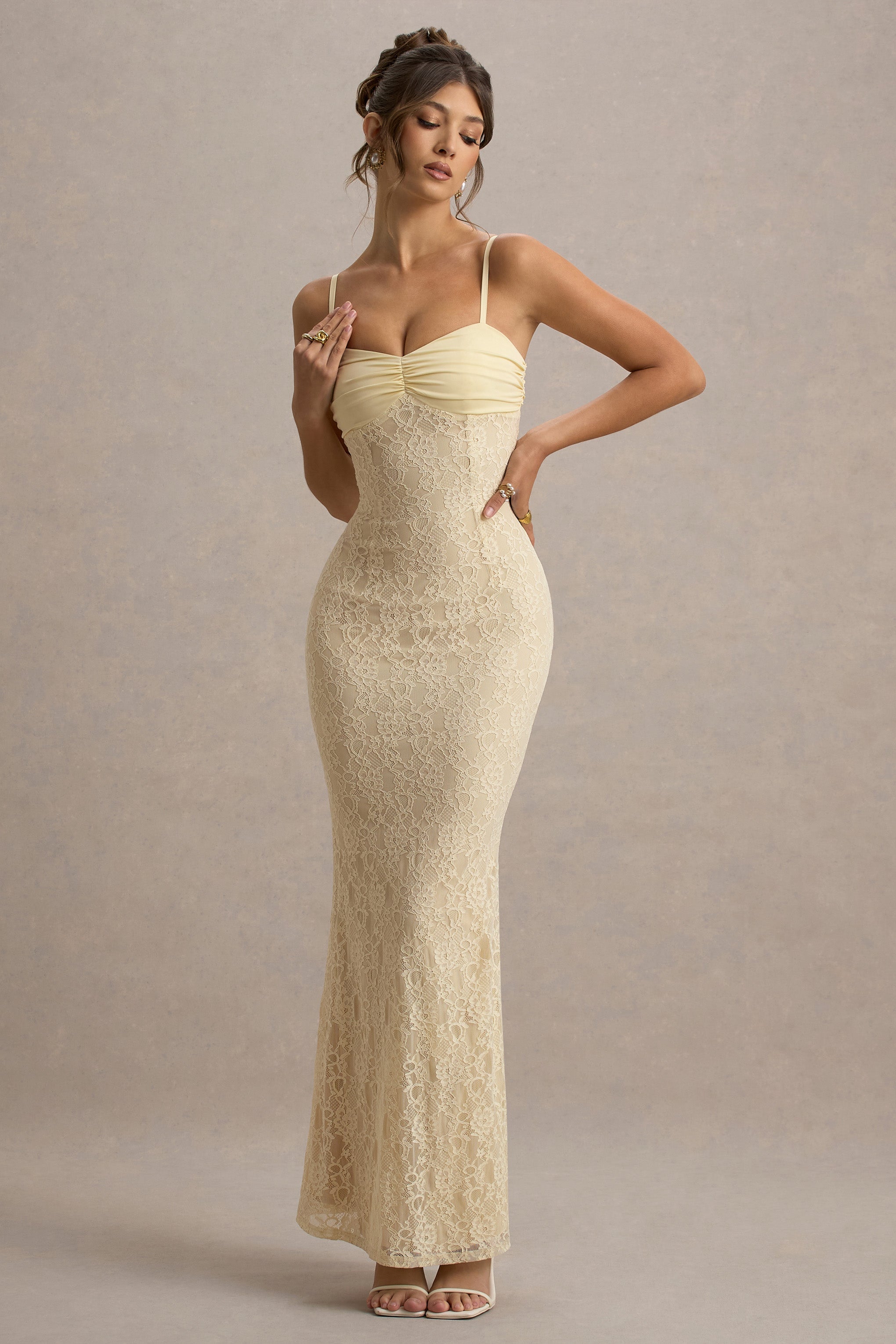 Felicia | Pale Lemon Satin Sweetheart Maxi Dress With Lace Details