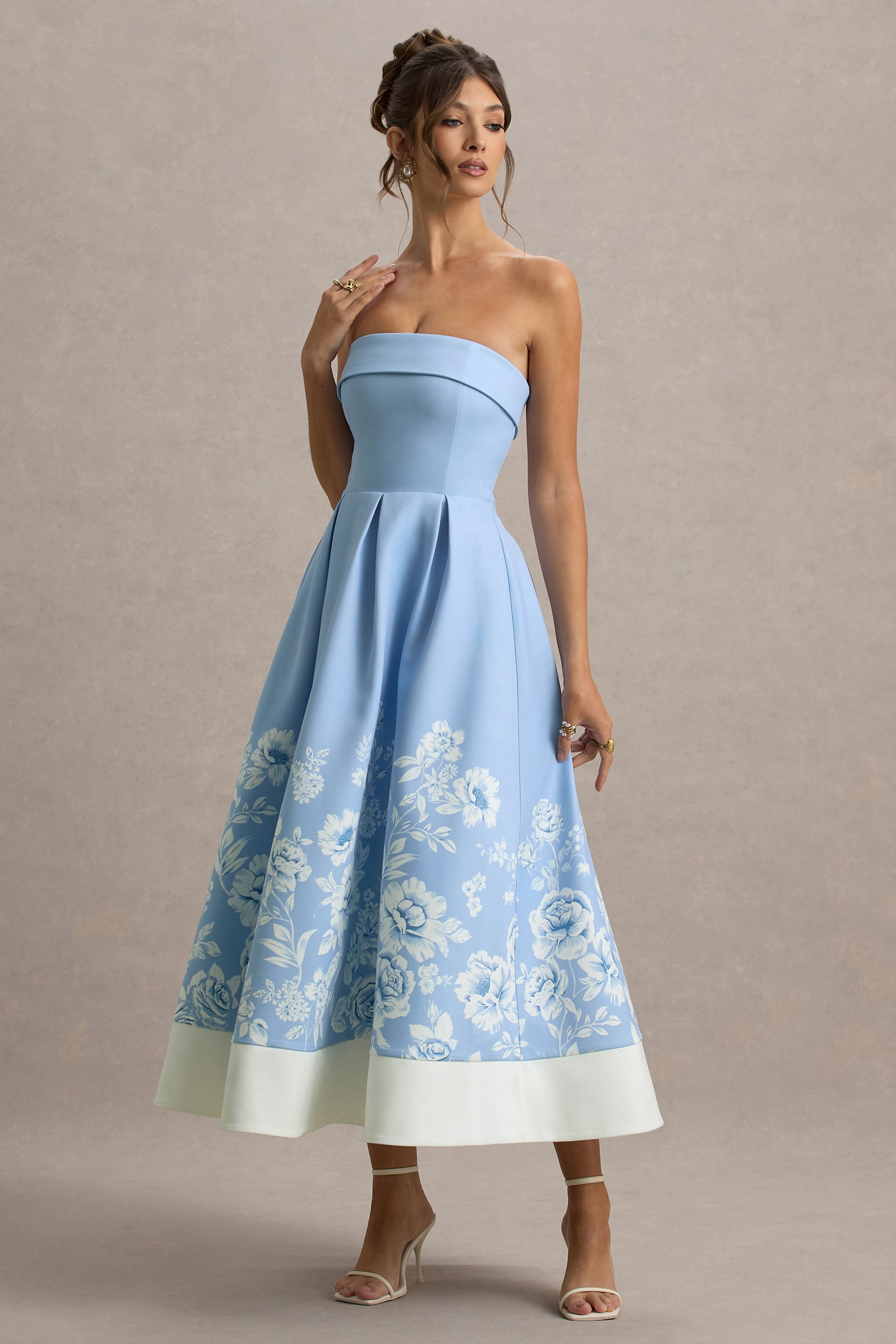 Annalise | Light Blue Floral Print Bandeau Skater Midi Dress