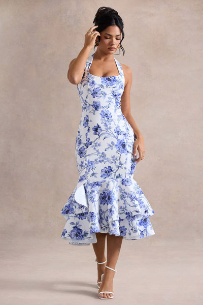 Arla | Blue Floral Print Halter-Neck Ruffle Trim Midi Dress