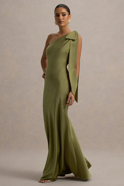 Marlowe & Co  | Khaki Satin Asymmetric Maxi Dress With Bow