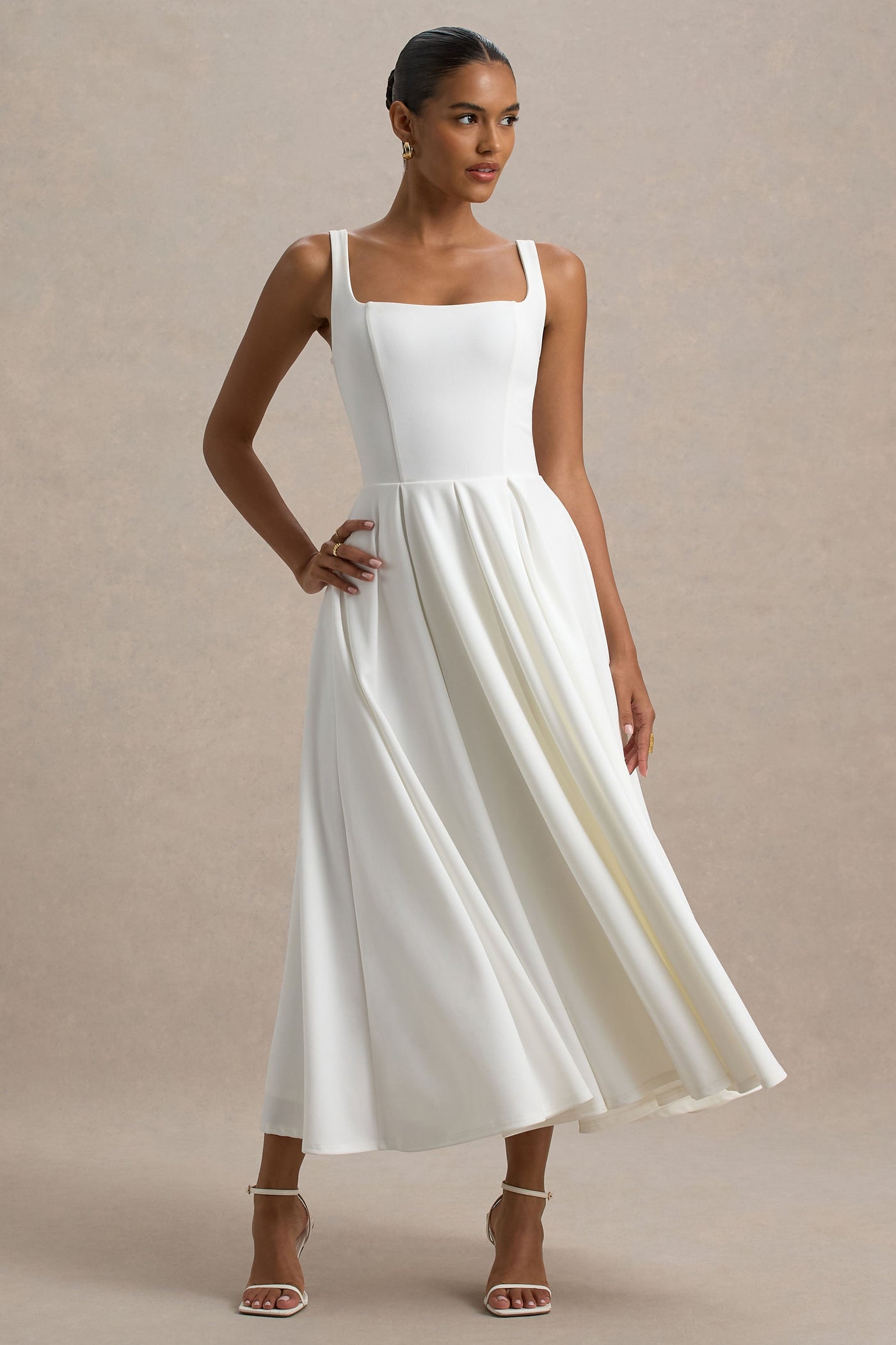 Marlowe & Co | White Strappy Volume-Hem Midi Dress