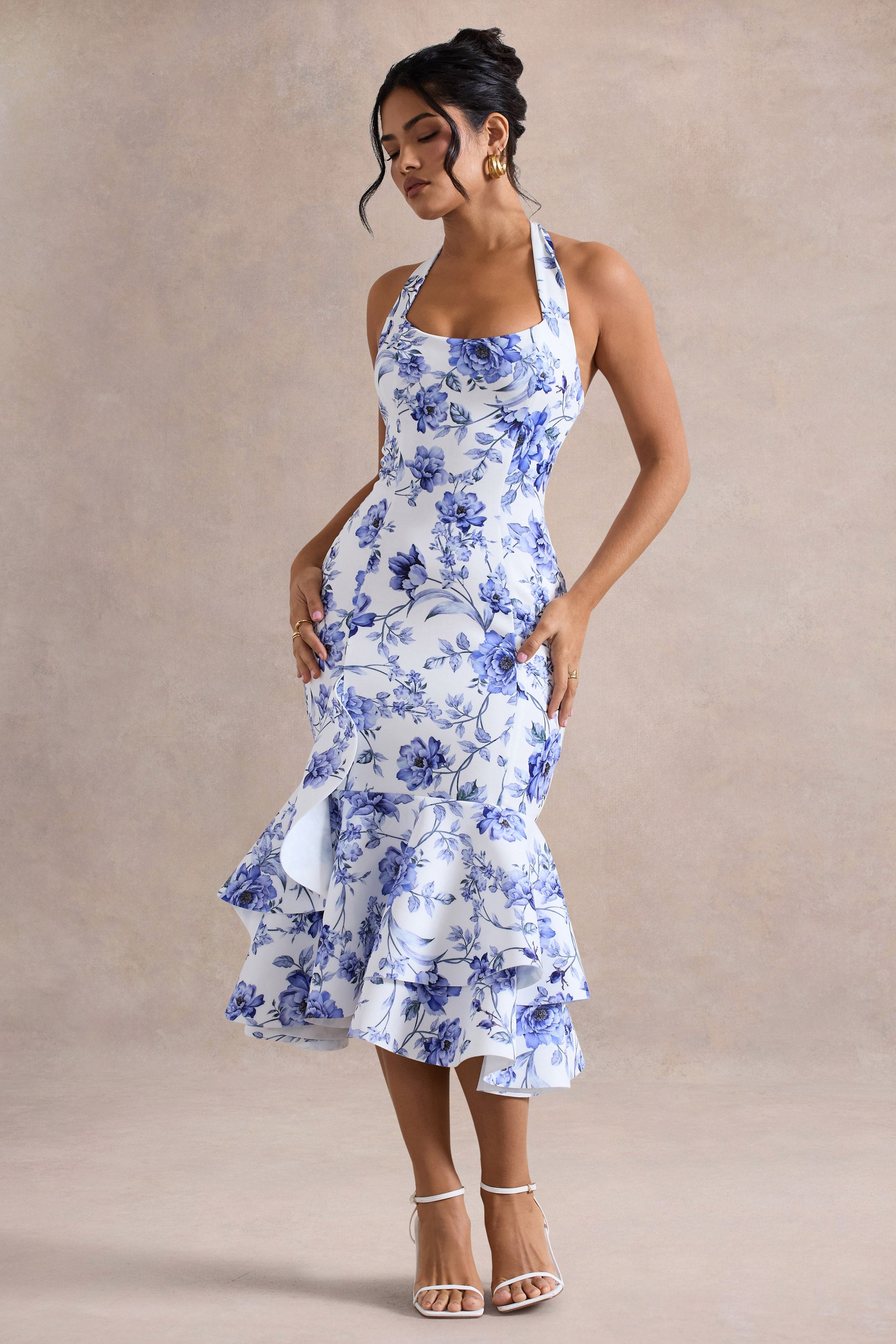 Arla | Blue Floral Print Halter-Neck Ruffle Trim Midi Dress