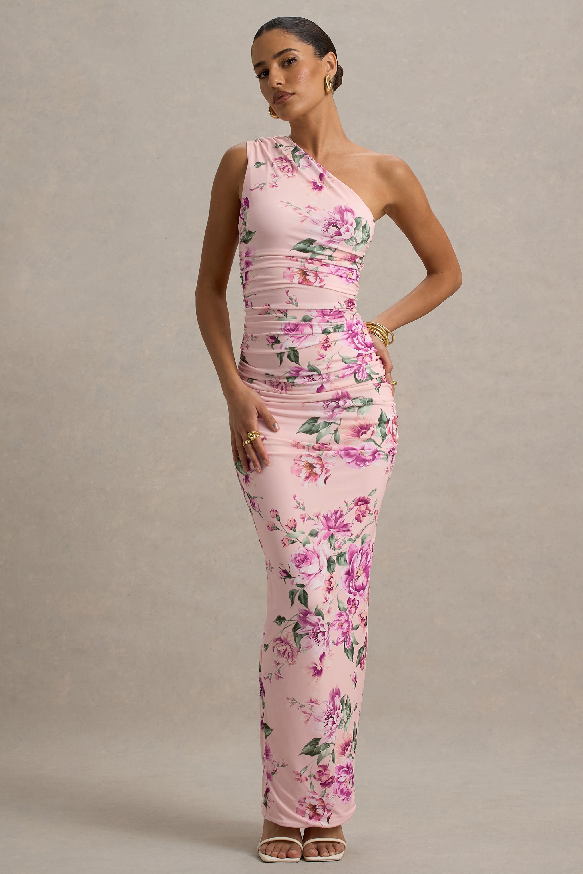 Marlowe & Co  | Pink Floral Print One-Shoulder Gathered Maxi Dress