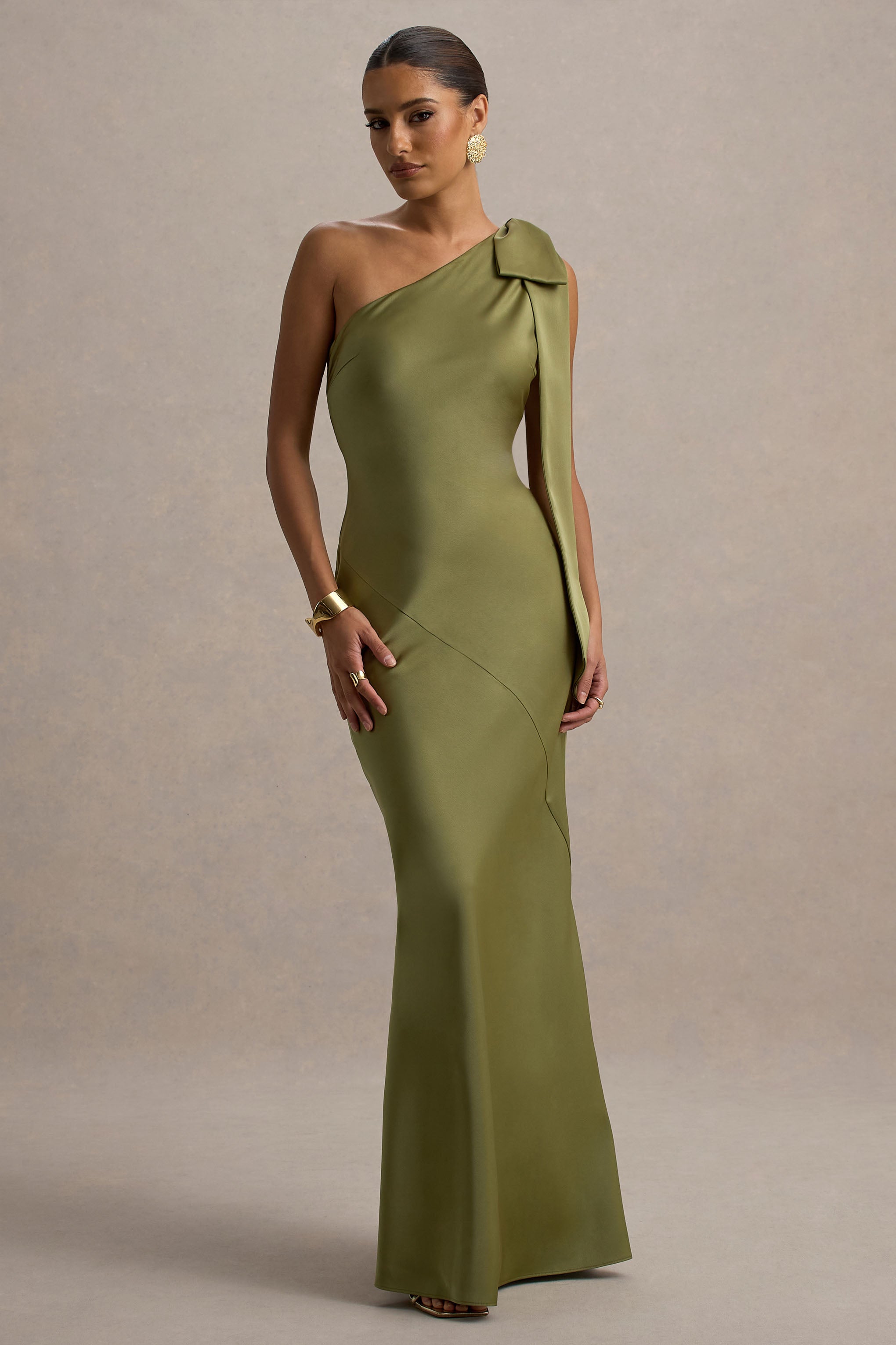 Marlowe & Co  | Khaki Satin Asymmetric Maxi Dress With Bow