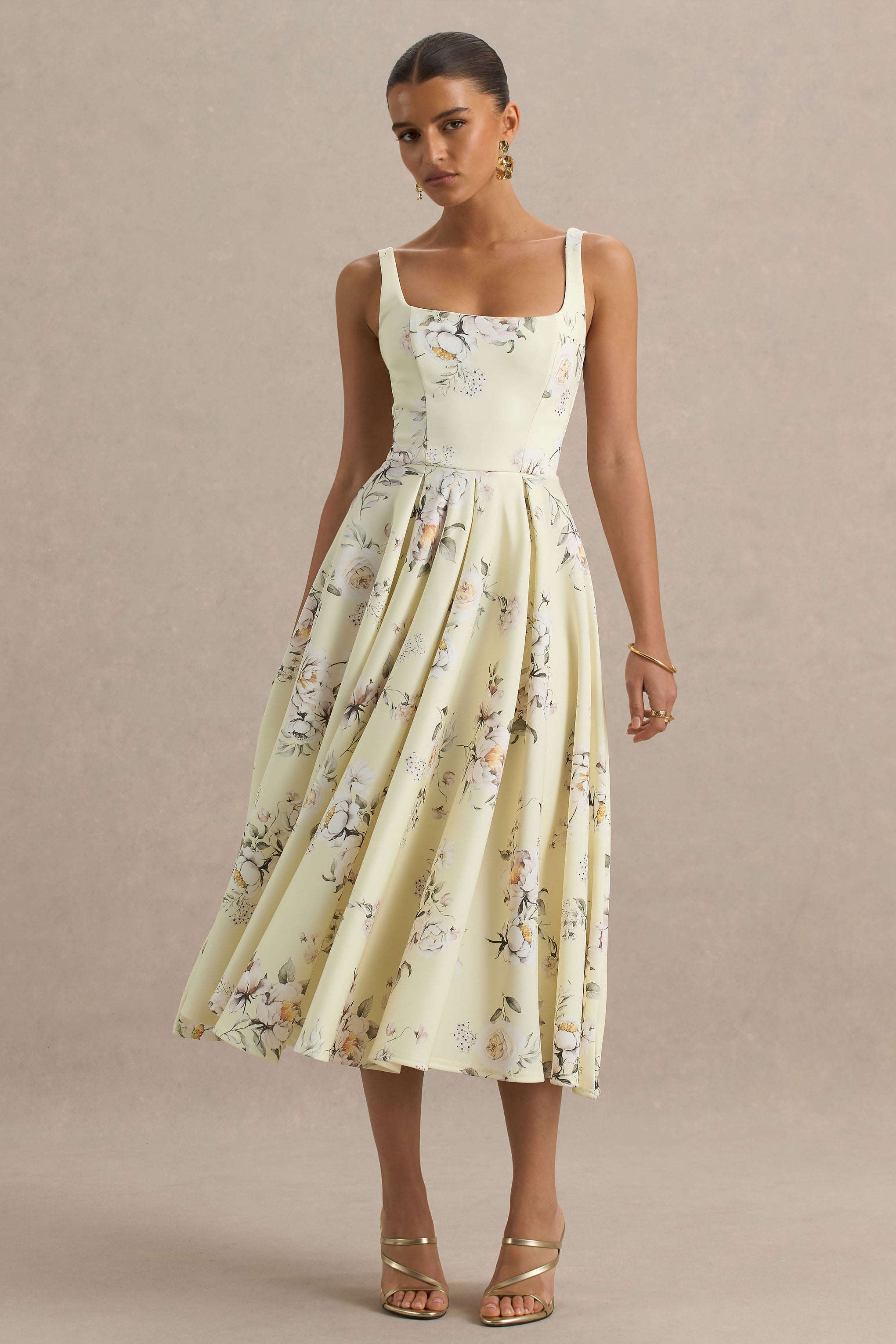 Lissa | Lemon Floral Bouquet Print Square-Neck Midi Dress