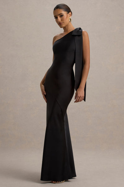 Here For Love | Black Satin Asymmetric Maxi Dress With Bow