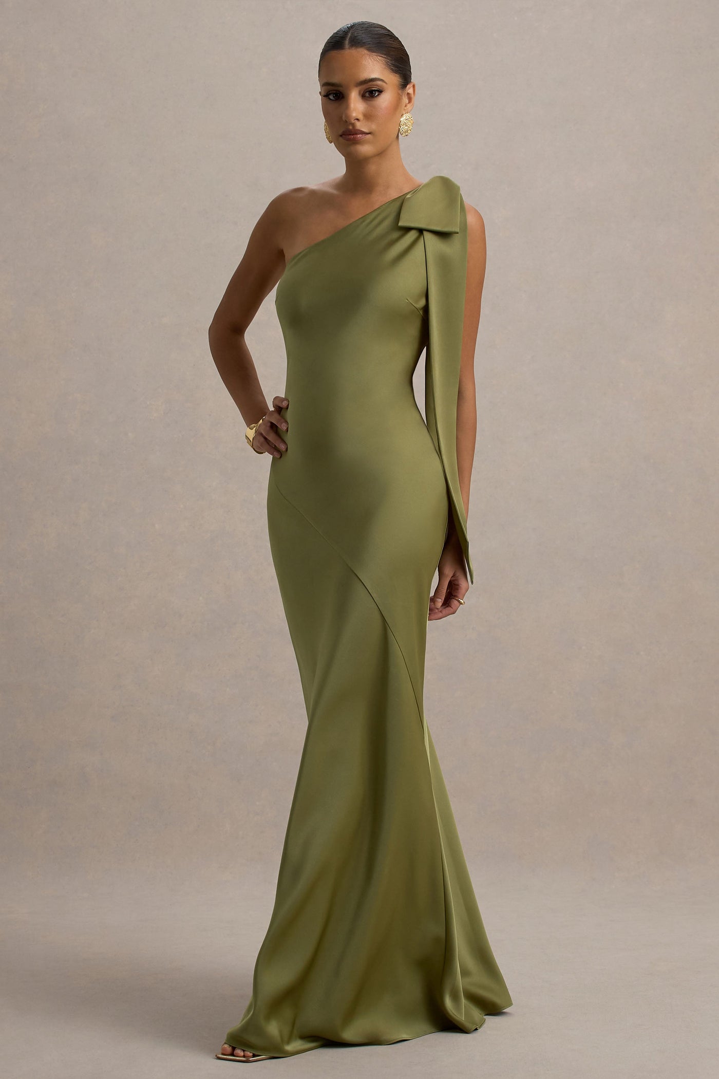 Marlowe & Co  | Khaki Satin Asymmetric Maxi Dress With Bow