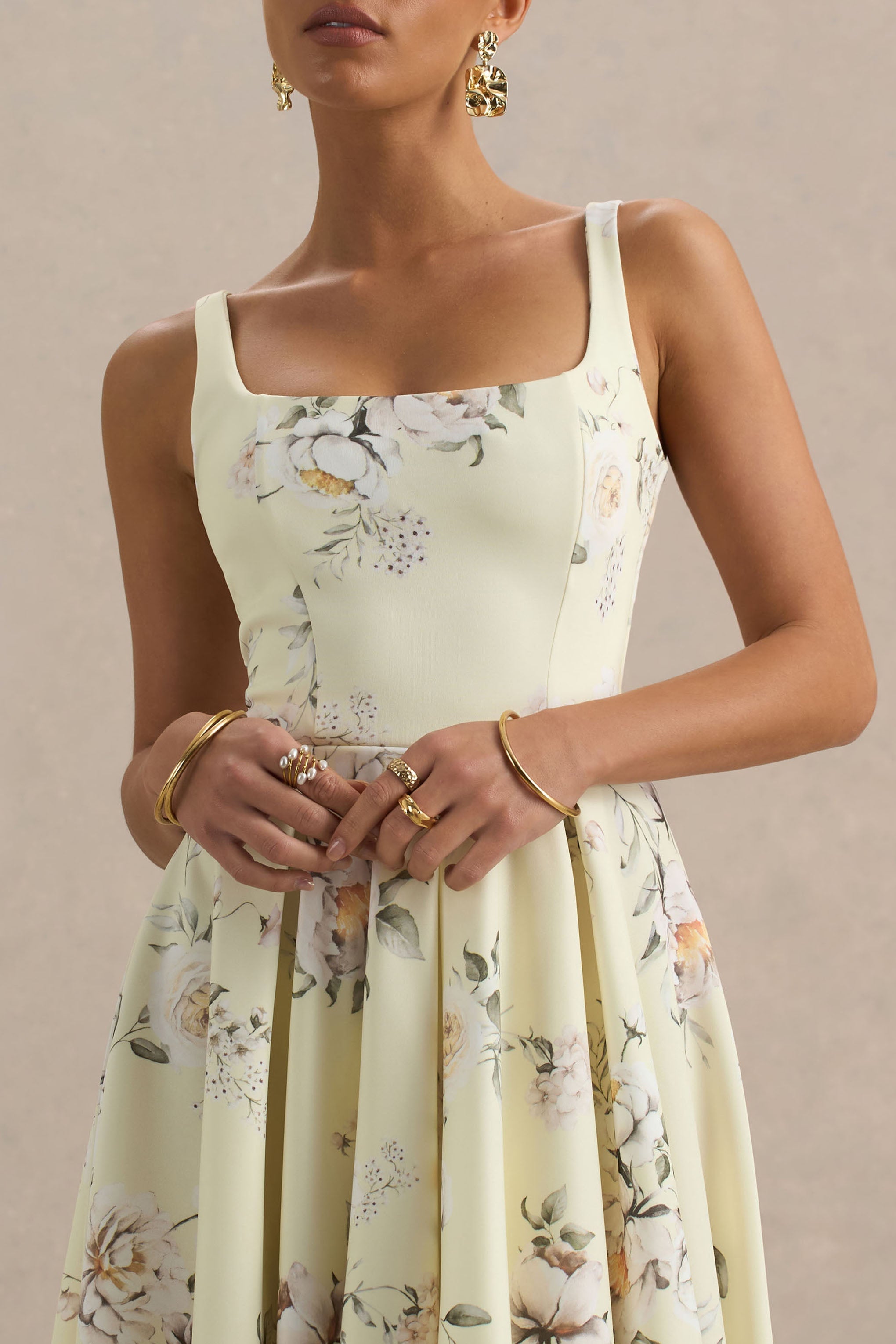 Lissa | Lemon Floral Bouquet Print Square-Neck Midi Dress
