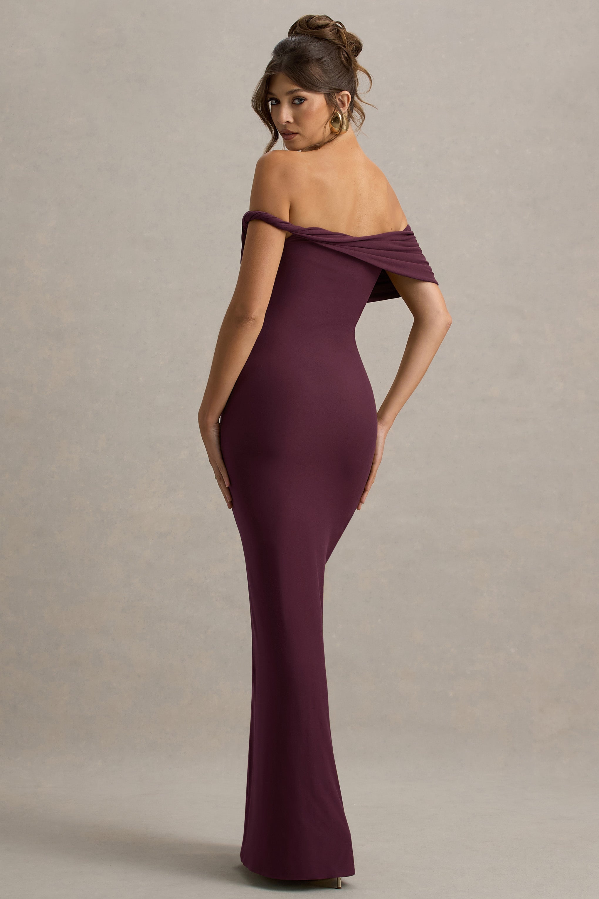 Chloe | Burgundy Twisted Bardot Maxi Dress