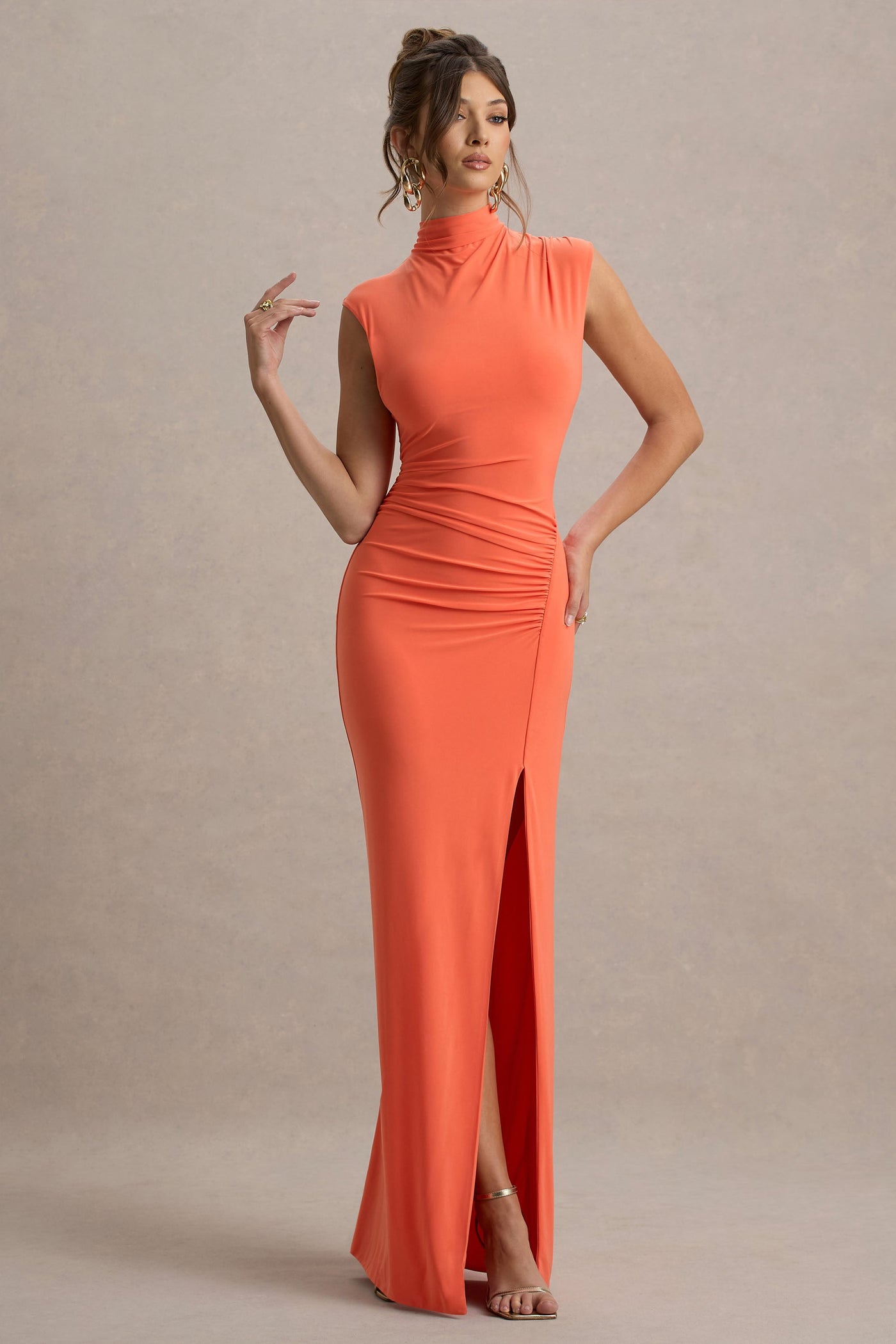 Marlowe & Co | Coral Ruched High-Neck Maxi Dress With Split