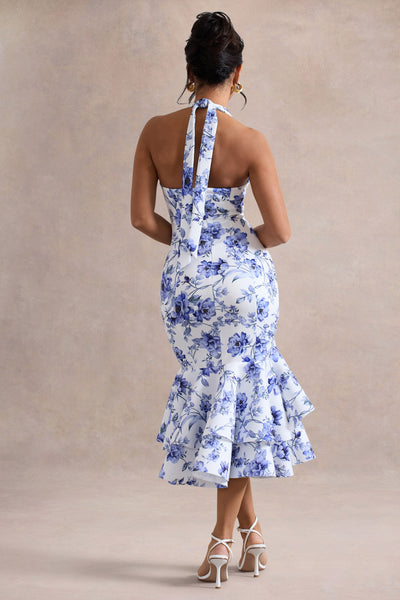Arla | Blue Floral Print Halter-Neck Ruffle Trim Midi Dress