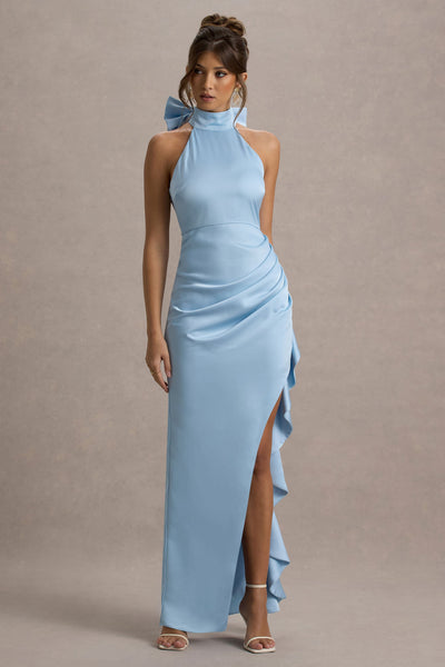 Maureen | Powder Blue Satin High-Neck Draped Maxi Dress