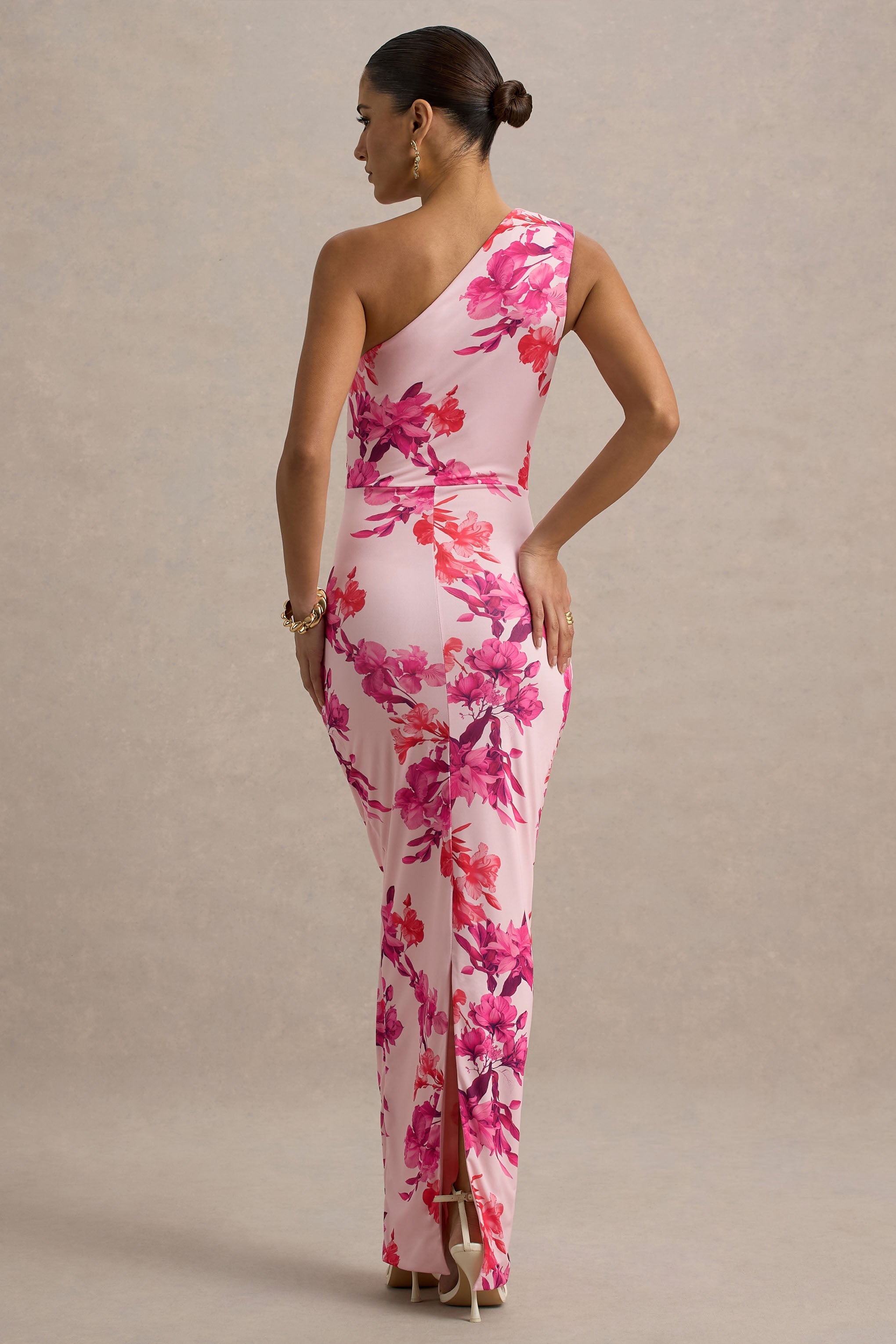 Dalarie | Pink and Orange Floral Print One-Shoulder Gathered Maxi Dress