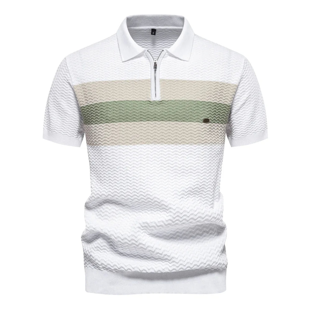 Striped Half Zip Polo Shirt in Short Sleeve
